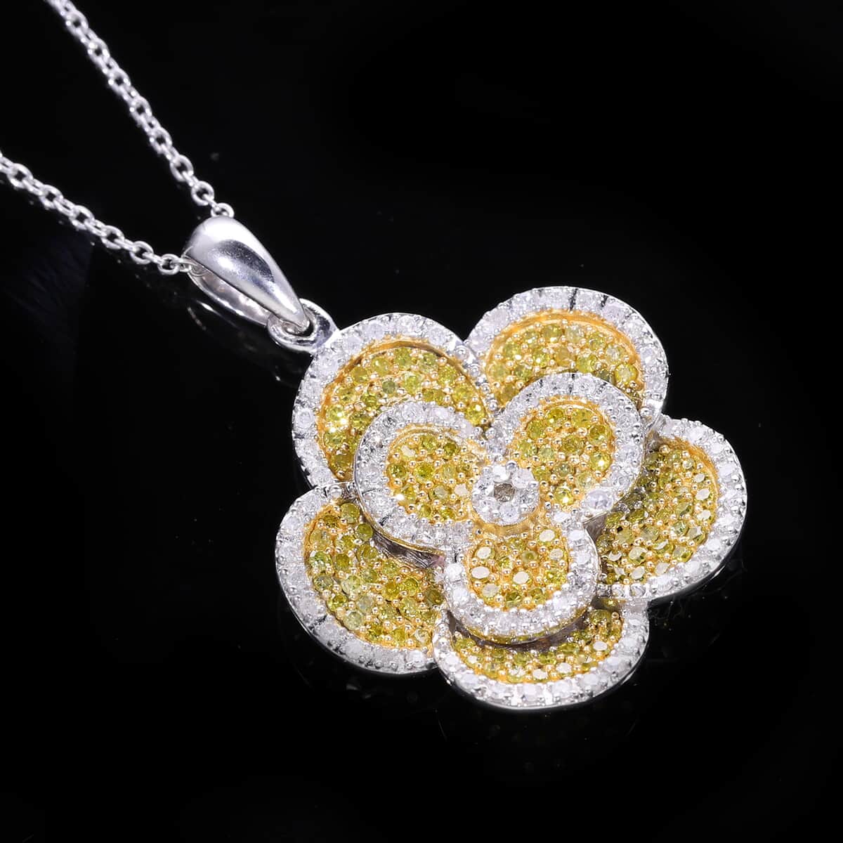 Yellow and White Diamond 1.00 ctw Enchanted Bloom Pendant in Platinum Over Sterling Silver image number 0