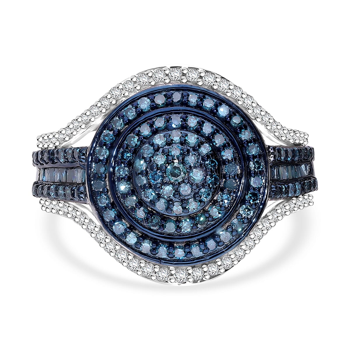 Blue and White Diamond 1.00 ctw Cluster Ring in Platinum Over Sterling Silver (Size 10.0)