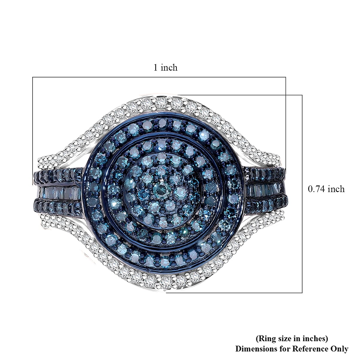 Blue and White Diamond 1.00 ctw Cluster Ring in Platinum Over Sterling Silver (Size 10.0)