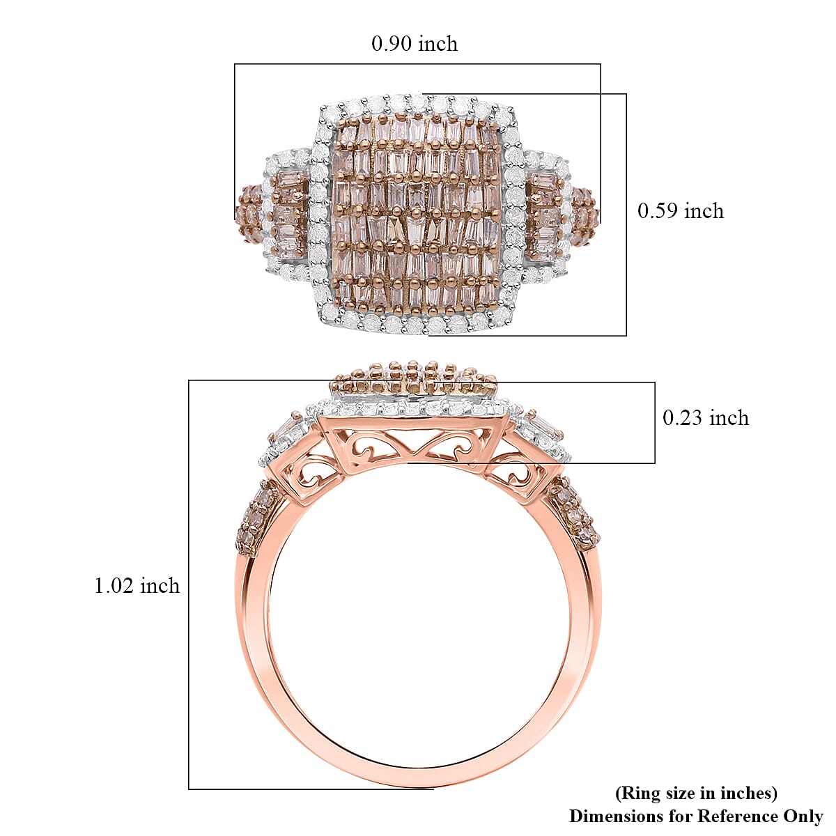 Natural Champagne and White Diamond 1.00 ctw Radiant Tapestry Ring in Vermeil Rose Gold Over Sterling Silver (Size 10.0)