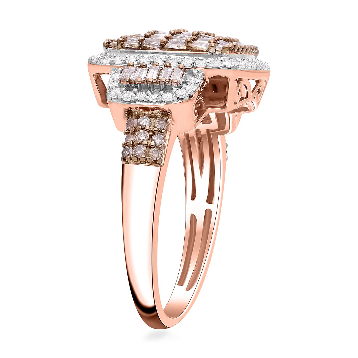 Natural Champagne and White Diamond 1.00 ctw Radiant Tapestry Ring in Vermeil Rose Gold Over Sterling Silver (Size 7.0) image number 2