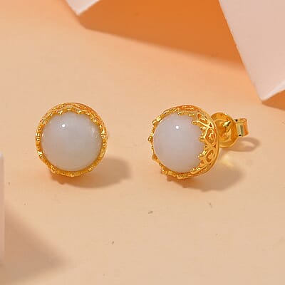 Natural Jade 5.90 ctw Solitaire Stud Earrings in 18K Vermeil Yellow Gold Over Sterling Silver