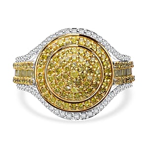Yellow Diamond (IR), Diamond Cluster Ring in Platinum Over Sterling Silver (Size 10.0) 1.00 ctw