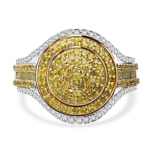 Yellow and White Diamond 1.00 ctw Cluster Ring in Platinum Over Sterling Silver (Size 7.0)