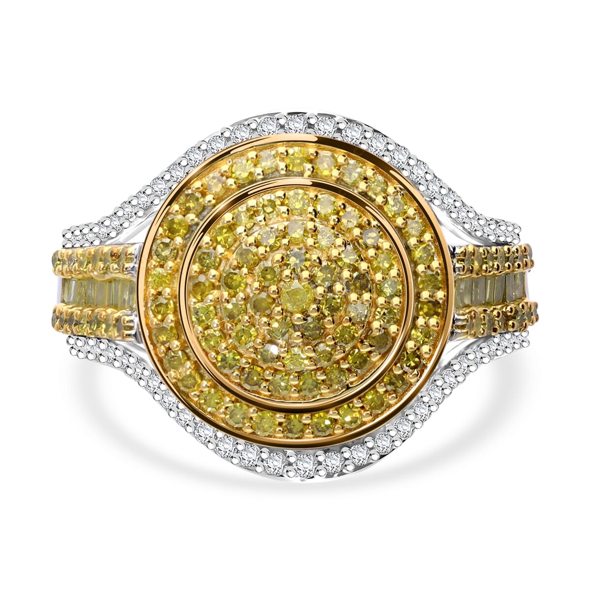 Yellow and White Diamond 1.00 ctw Cluster Ring in Platinum Over Sterling Silver (Size 8.0) image number 0