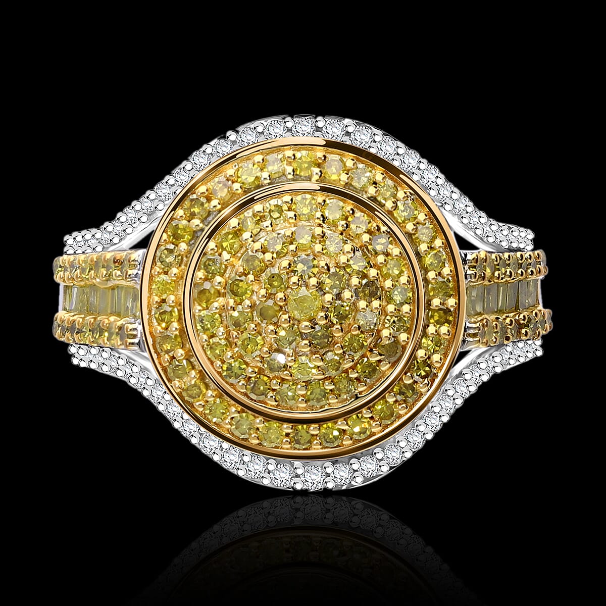 Yellow and White Diamond 1.00 ctw Cluster Ring in Platinum Over Sterling Silver (Size 9.0) image number 1