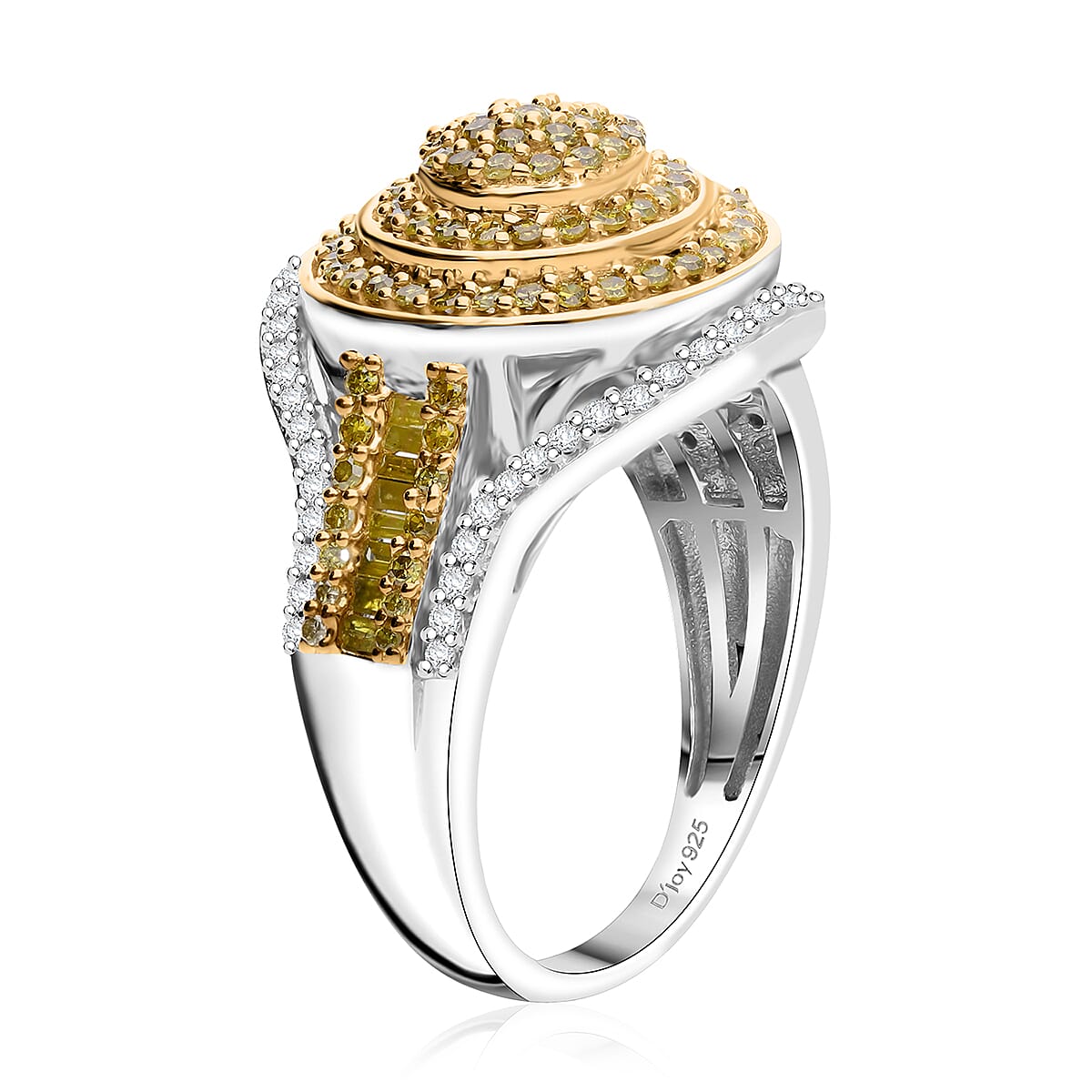 Yellow and White Diamond 1.00 ctw Cluster Ring in Platinum Over Sterling Silver (Size 9.0) image number 3