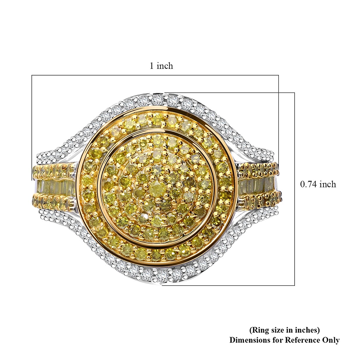 Yellow and White Diamond 1.00 ctw Cluster Ring in Platinum Over Sterling Silver (Size 9.0) image number 5