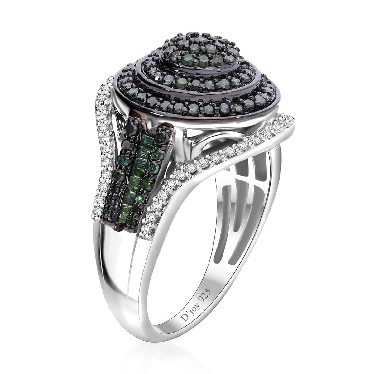 Doorbuster Green and White Diamond 1.00 ctw Cluster Ring in Platinum Over Sterling Silver (Size 8.0) image number 2