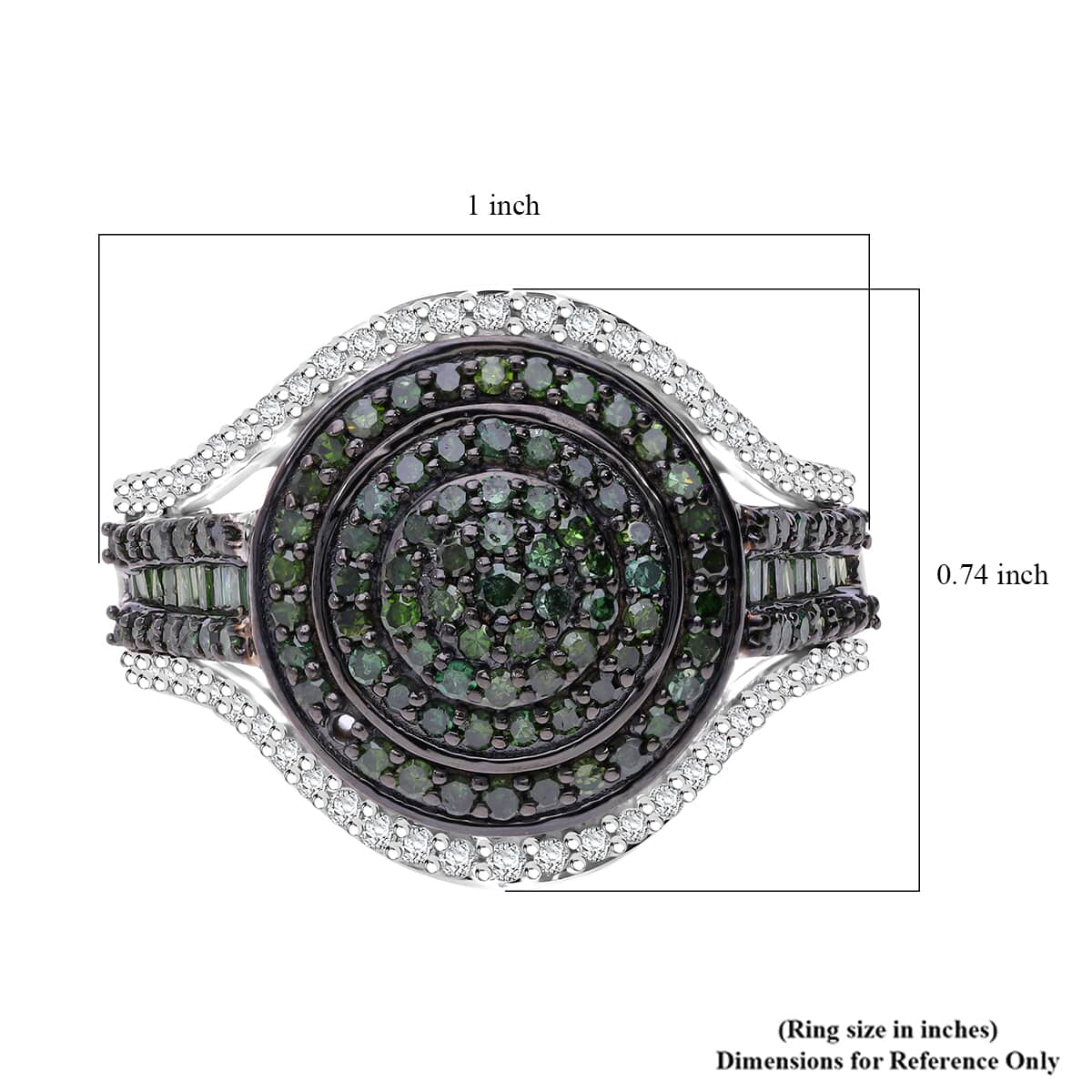 Doorbuster Green and White Diamond 1.00 ctw Cluster Ring in Platinum Over Sterling Silver (Size 8.0) image number 4