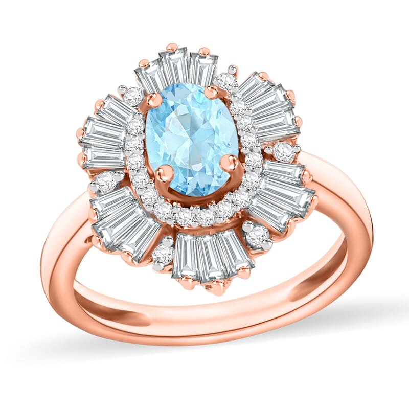 Mangoro Aquamarine and White Zircon 2.90 ctw Ring in 18K Vermeil Rose Gold Over Sterling Silver (Size 10.0)