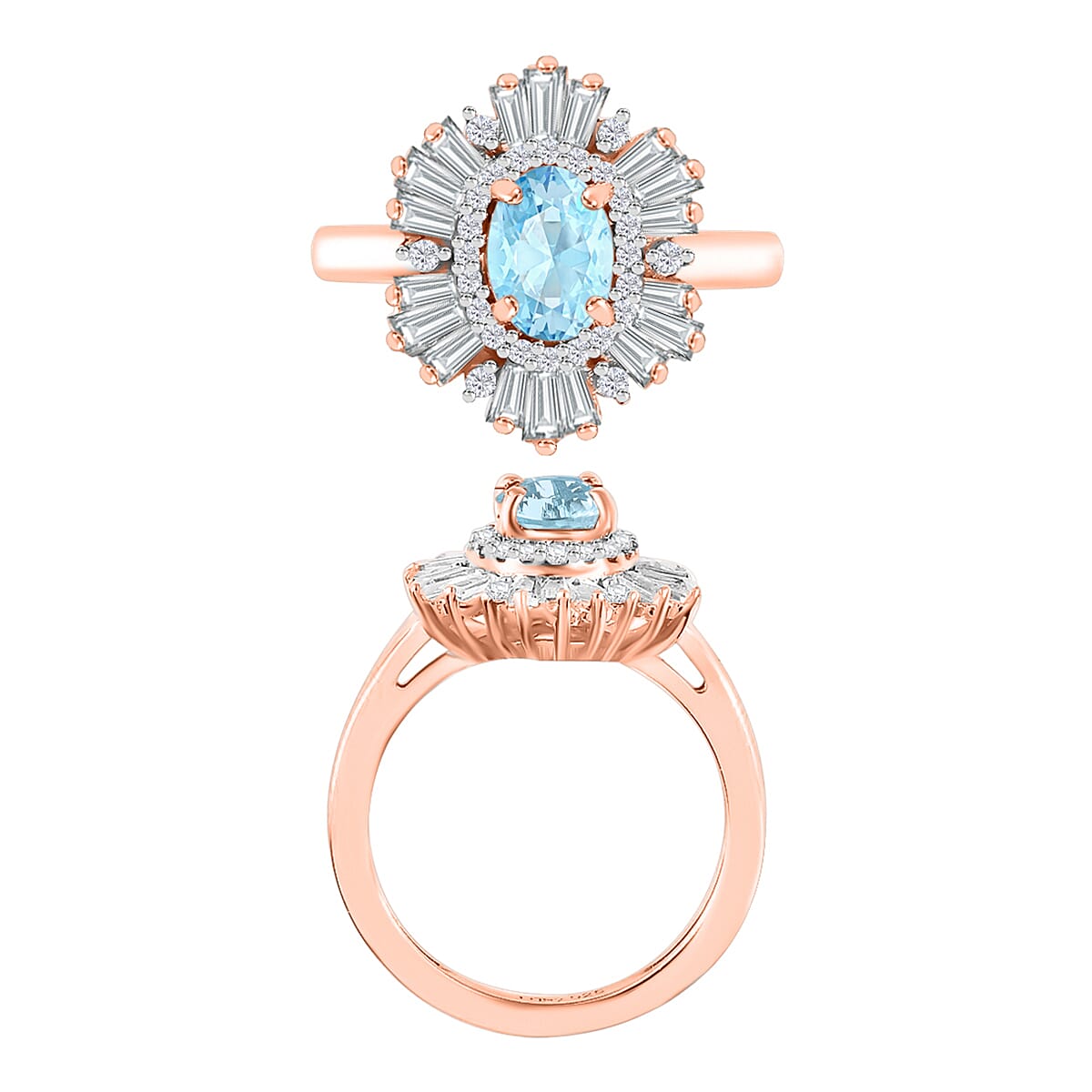 Mangoro Aquamarine and White Zircon 2.90 ctw Ring in 18K Vermeil Rose Gold Over Sterling Silver (Size 10.0)