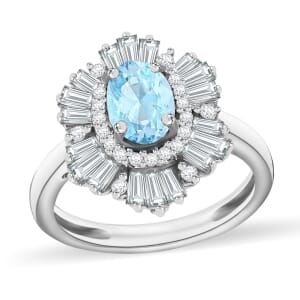 Mangoro Aquamarine and White Zircon 2.90 ctw Ring in Rhodium Over Sterling Silver (Size  7.0)