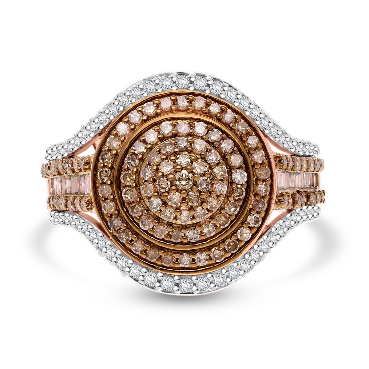 Natural Champagne and White Diamond 1.00 ctw Cluster Ring in Vermeil Rose Gold Over Sterling Silver (Size 7.0) image number 0