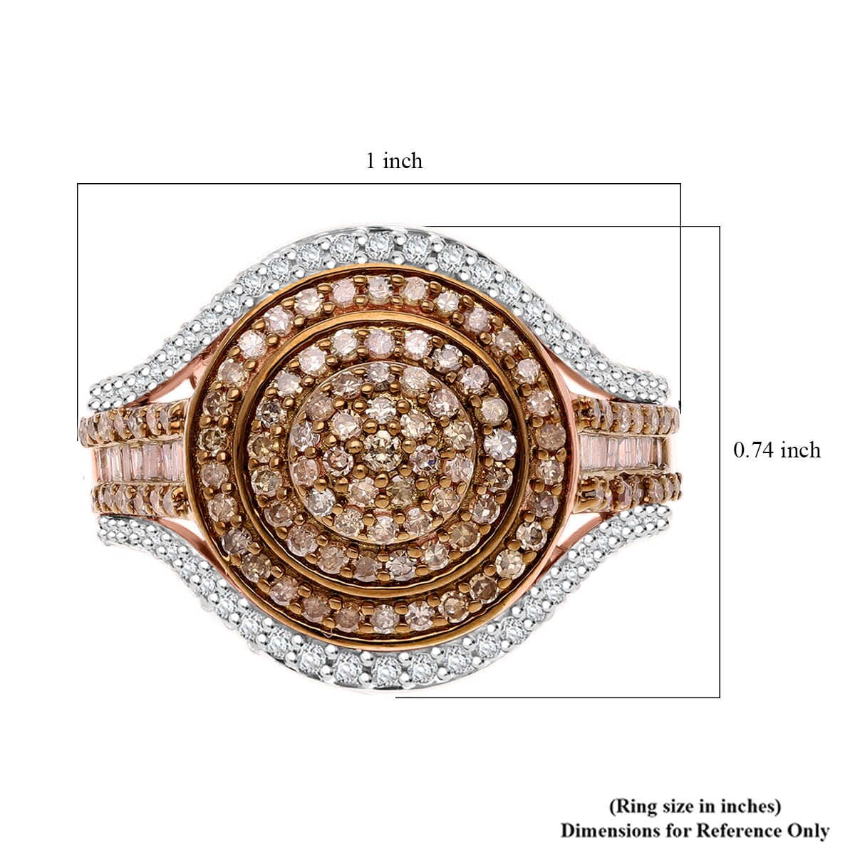 Natural Champagne and White Diamond 1.00 ctw Cluster Ring in Vermeil Rose Gold Over Sterling Silver (Size 7.0) image number 5