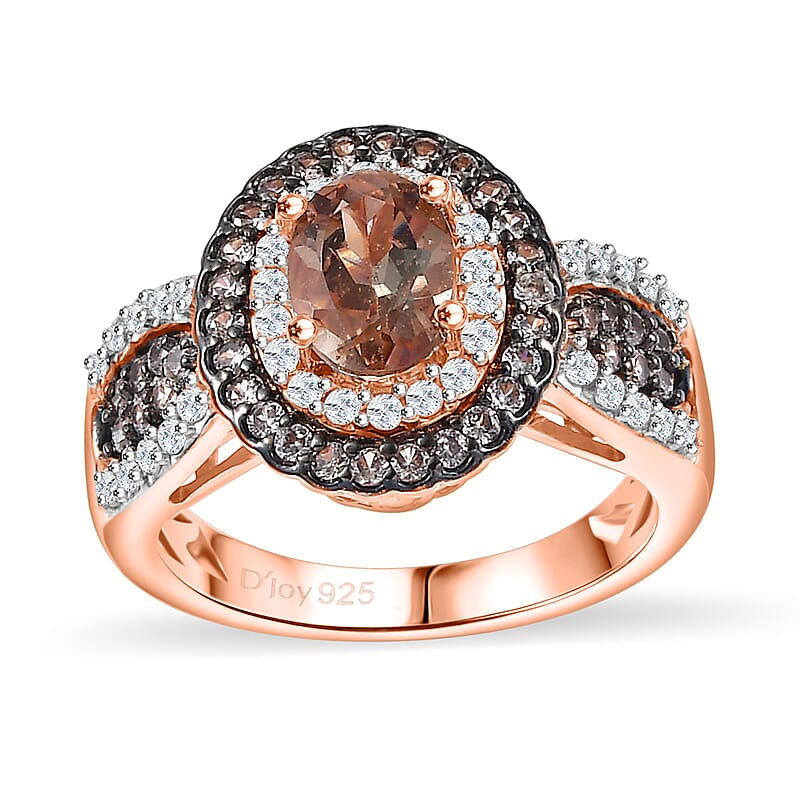 D'Joy Premium Jenipapo Andalusite, Champagne and White Zircon 1.60 ctw Double Halo Ring in 18K Vermeil Rose Gold Over Sterling Silver (Size 10.0) 