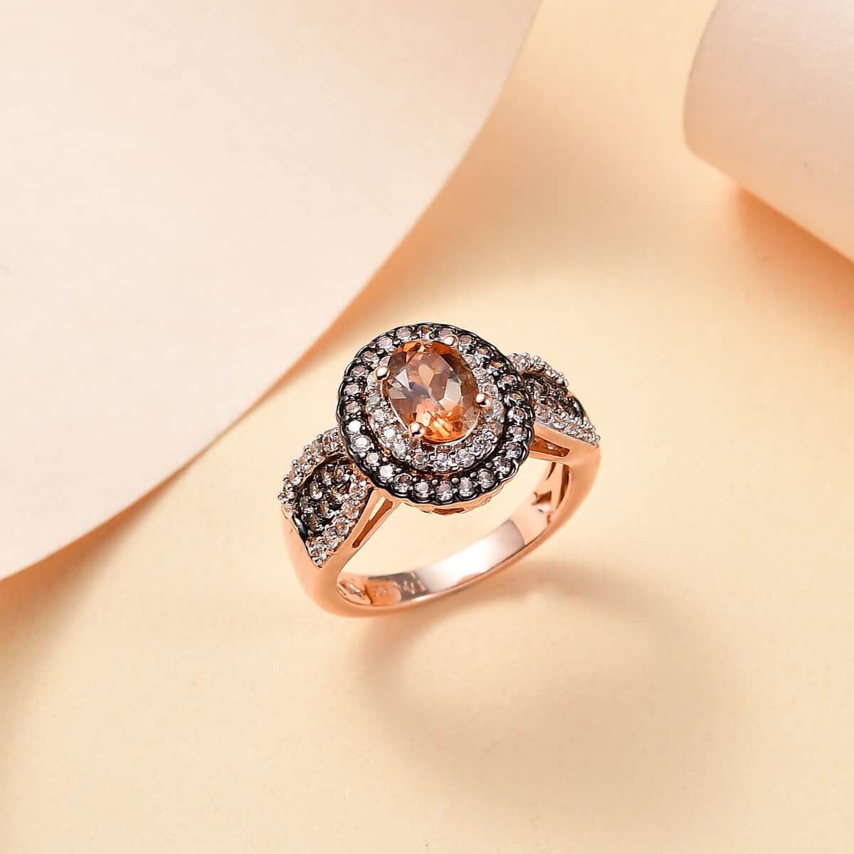 Premium Jenipapo Andalusite, Champagne and White Zircon 1.60 ctw Double Halo Ring in 18K Vermeil Rose Gold Over Sterling Silver (Size 10.0)  image number 1