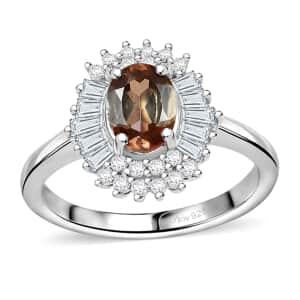 Premium Jenipapo Andalusite and Moissanite 1.25 ctw Winter Sky Halo Ring in Rhodium Over Sterling Silver (Size 10.0)