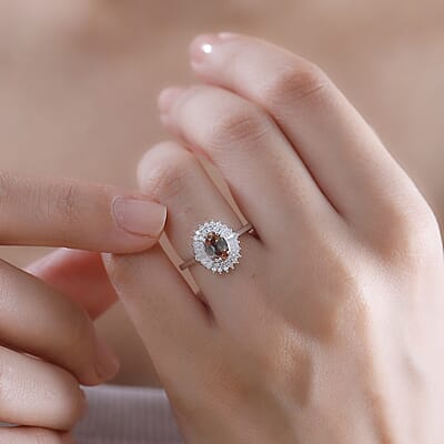 D'Joy Premium Jenipapo Andalusite and Moissanite 1.25 ctw Winter Sky Halo Ring in Rhodium Over Sterling Silver (Size 10.0)