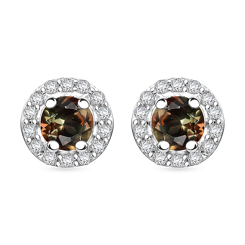 Premium Jenipapo Andalusite and White Zircon 0.85 ctw Halo Earrings in Rhodium Over Sterling Silver