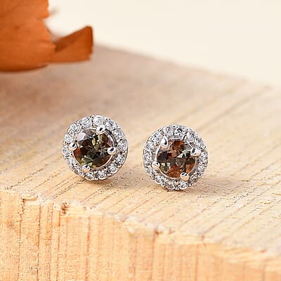 Premium Jenipapo Andalusite and White Zircon 0.85 ctw Halo Earrings in Rhodium Over Sterling Silver