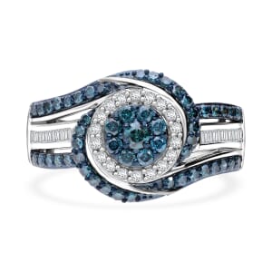 Blue and White Diamond 1.00 ctw Eternal Orbit Ring in Platinum Over Sterling Silver (Size 10.0)
