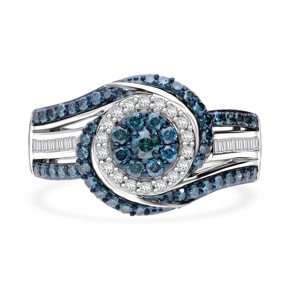 Blue and White Diamond 1.00 ctw Eternal Orbit Ring in Platinum Over Sterling Silver (Size 8.0) image number 0