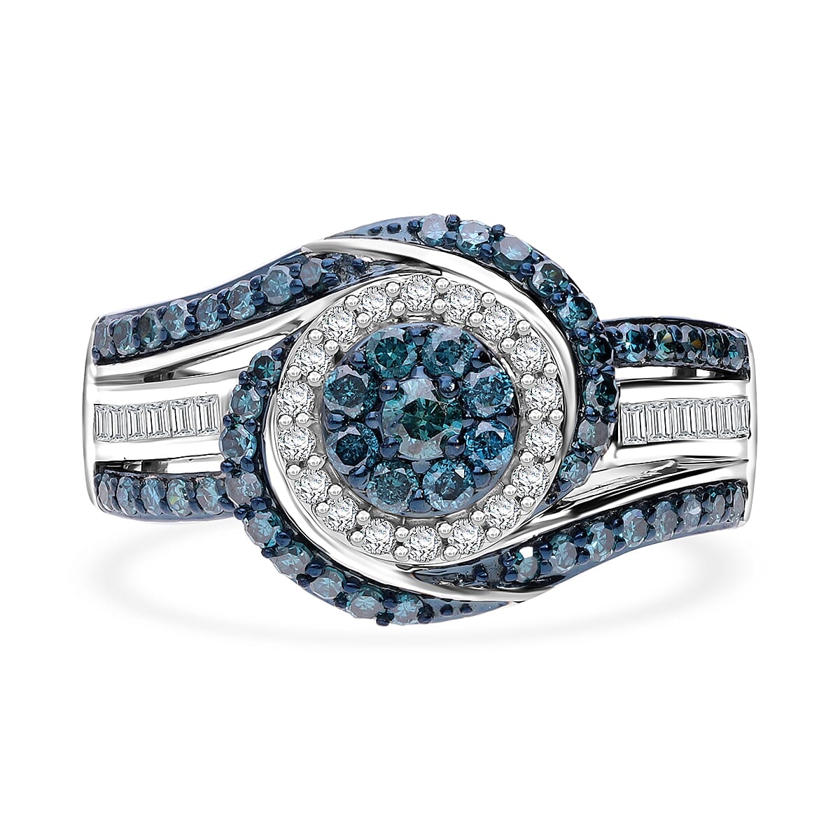 Blue and White Diamond 1.00 ctw Eternal Orbit Ring in Platinum Over Sterling Silver (Size 9.0) image number 0
