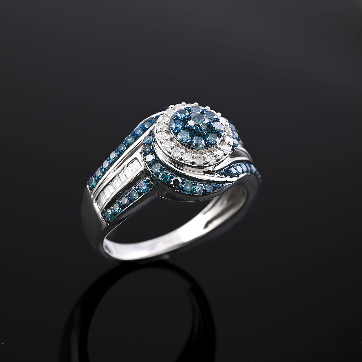 Blue and White Diamond 1.00 ctw Eternal Orbit Ring in Platinum Over Sterling Silver (Size 9.0) image number 1