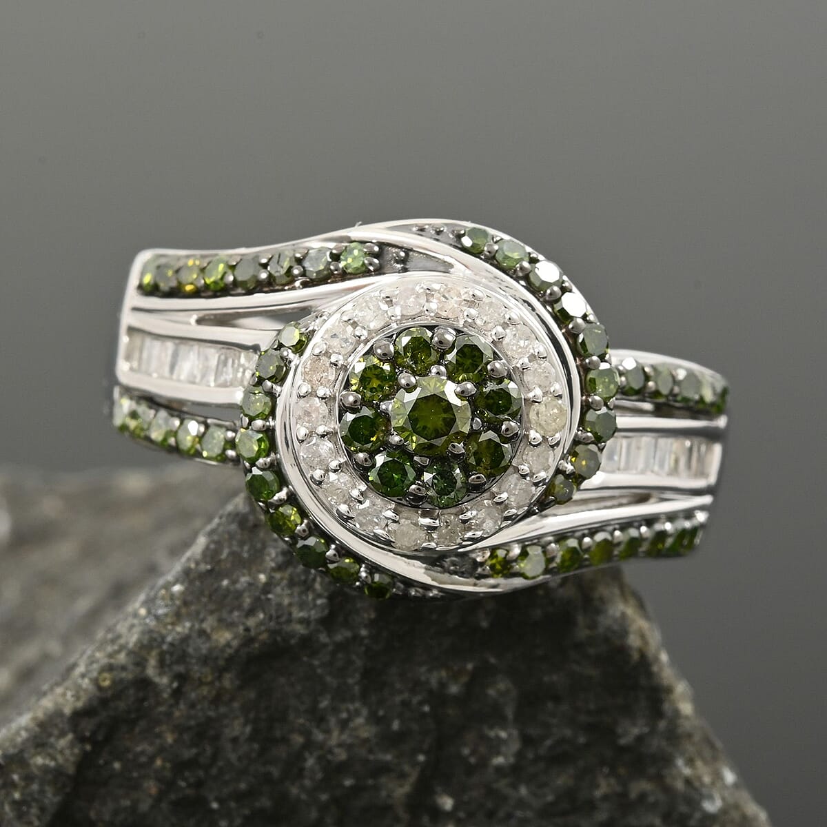 Green and White Diamond 1.00 ctw Eternal Orbit Ring in Platinum Over Sterling Silver (Size 6.0) image number 1