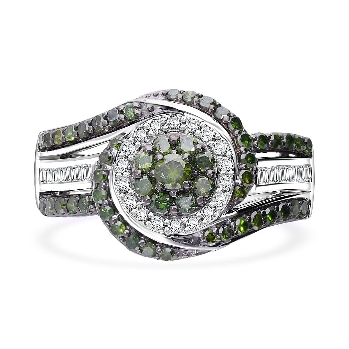 Green and White Diamond 1.00 ctw Eternal Orbit Ring in Platinum Over Sterling Silver (Size 8.0) image number 0