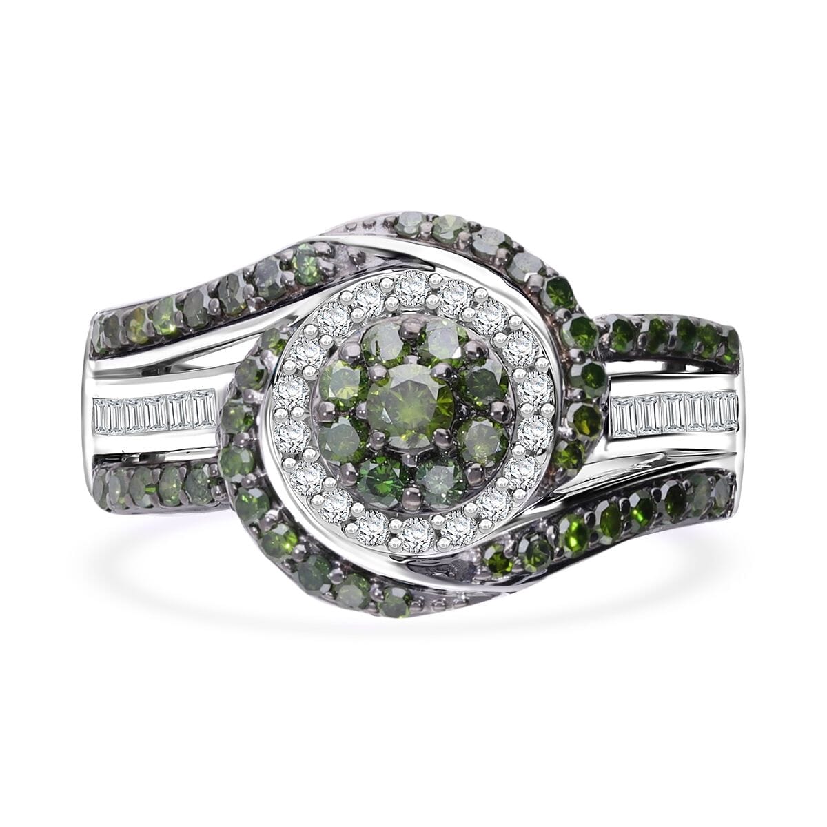 Green and White Diamond 1.00 ctw Eternal Orbit Ring in Platinum Over Sterling Silver (Size 9.0) image number 0