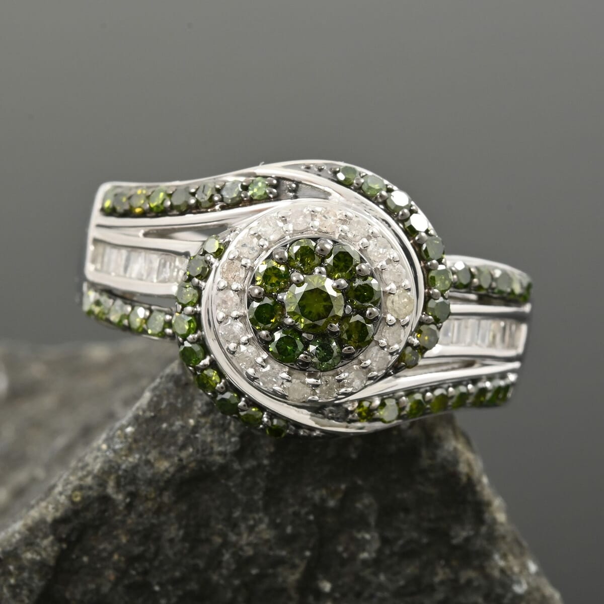 Green and White Diamond 1.00 ctw Eternal Orbit Ring in Platinum Over Sterling Silver (Size 9.0) image number 1