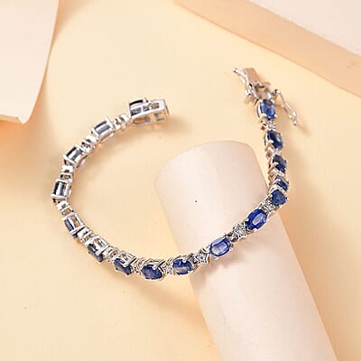 Kashmir Kyanite and Moissanite 11.65 ctw Celestial Bracelet in Rhodium Over Sterling Silver (7.25 In)