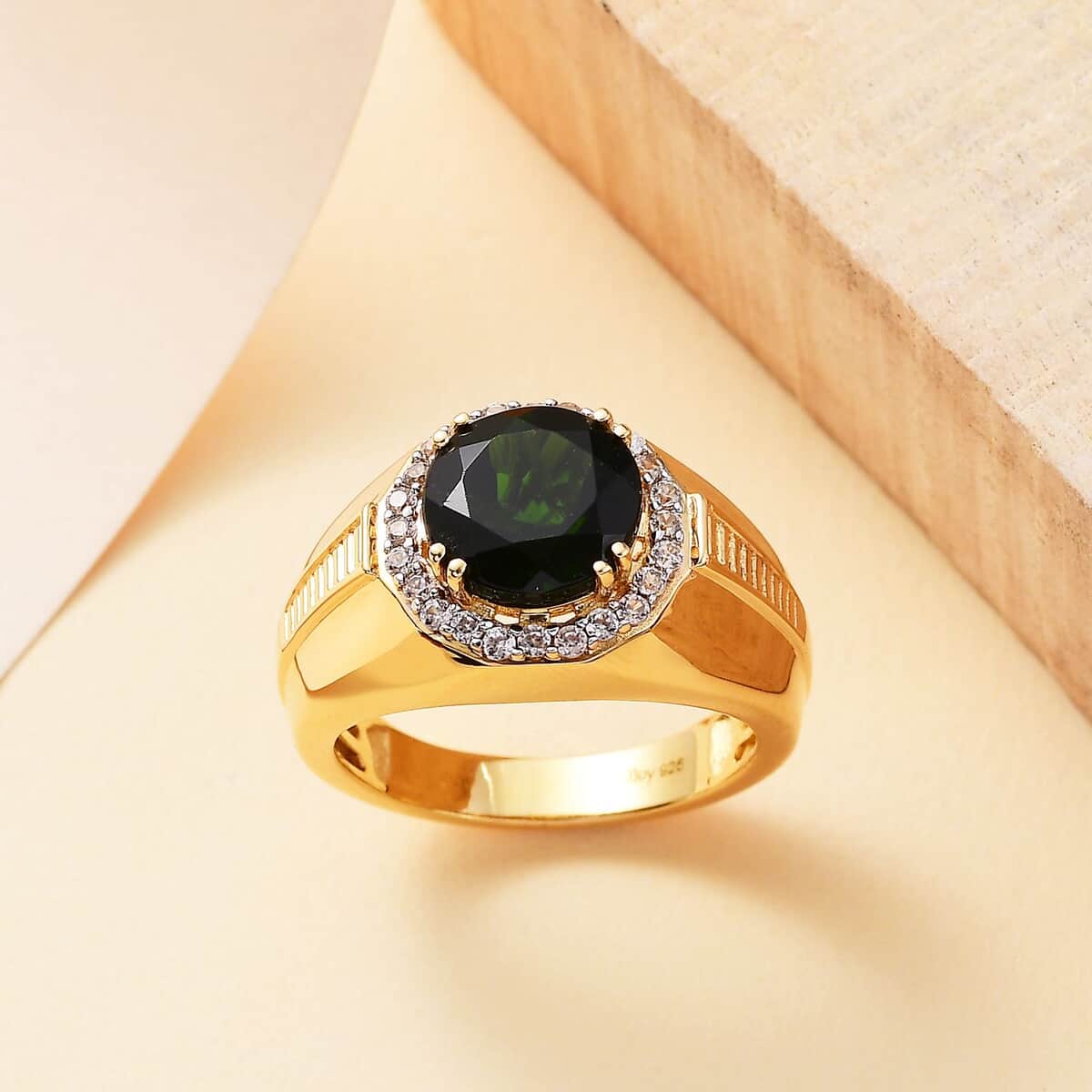 Chrome Diopside and White Zircon 4.60 ctw Men's Halo Ring in 18K Vermeil Yellow Gold Over Sterling Silver (Size 10.0) image number 1