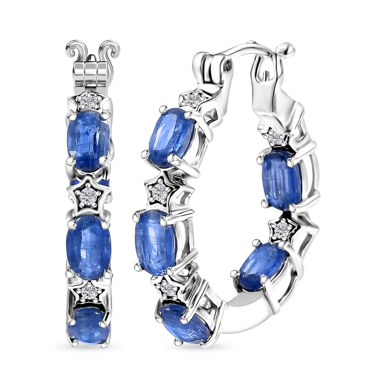 Kashmir Kyanite and Moissanite 6.10 ctw Celestial Hoop Earrings in Rhodium Over Sterling Silver image number 0