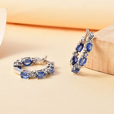 Kashmir Kyanite and Moissanite 6.10 ctw Celestial Hoop Earrings in Rhodium Over Sterling Silver