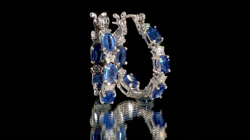 Kashmir Kyanite and Moissanite 6.10 ctw Celestial Hoop Earrings in Rhodium Over Sterling Silver
