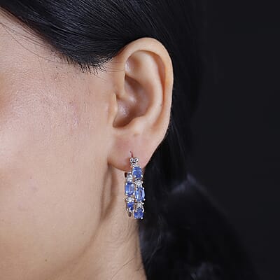 Kashmir Kyanite and Moissanite 6.10 ctw Celestial Hoop Earrings in Rhodium Over Sterling Silver