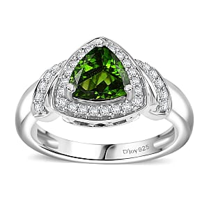 Chrome Diopside and White Zircon 1.70 ctw Halo Ring in Platinum Over Sterling Silver (Size 10.0)
