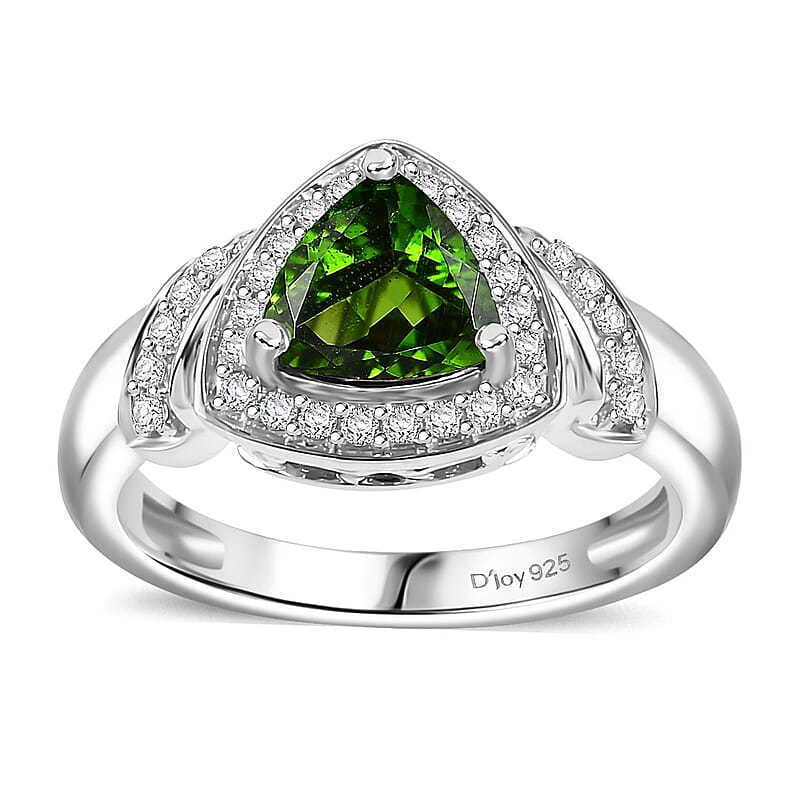 Chrome Diopside and White Zircon 1.70 ctw Halo Ring in Platinum Over Sterling Silver (Size 10.0)