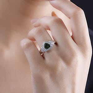 Chrome Diopside and White Zircon 1.70 ctw Halo Ring in Platinum Over Sterling Silver (Size 10.0)