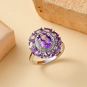 Bolivian Amethyst and Multi Gemstone 2.80 ctw Halo Ring in Rhodium Over Sterling Silver (Size 10.0)
