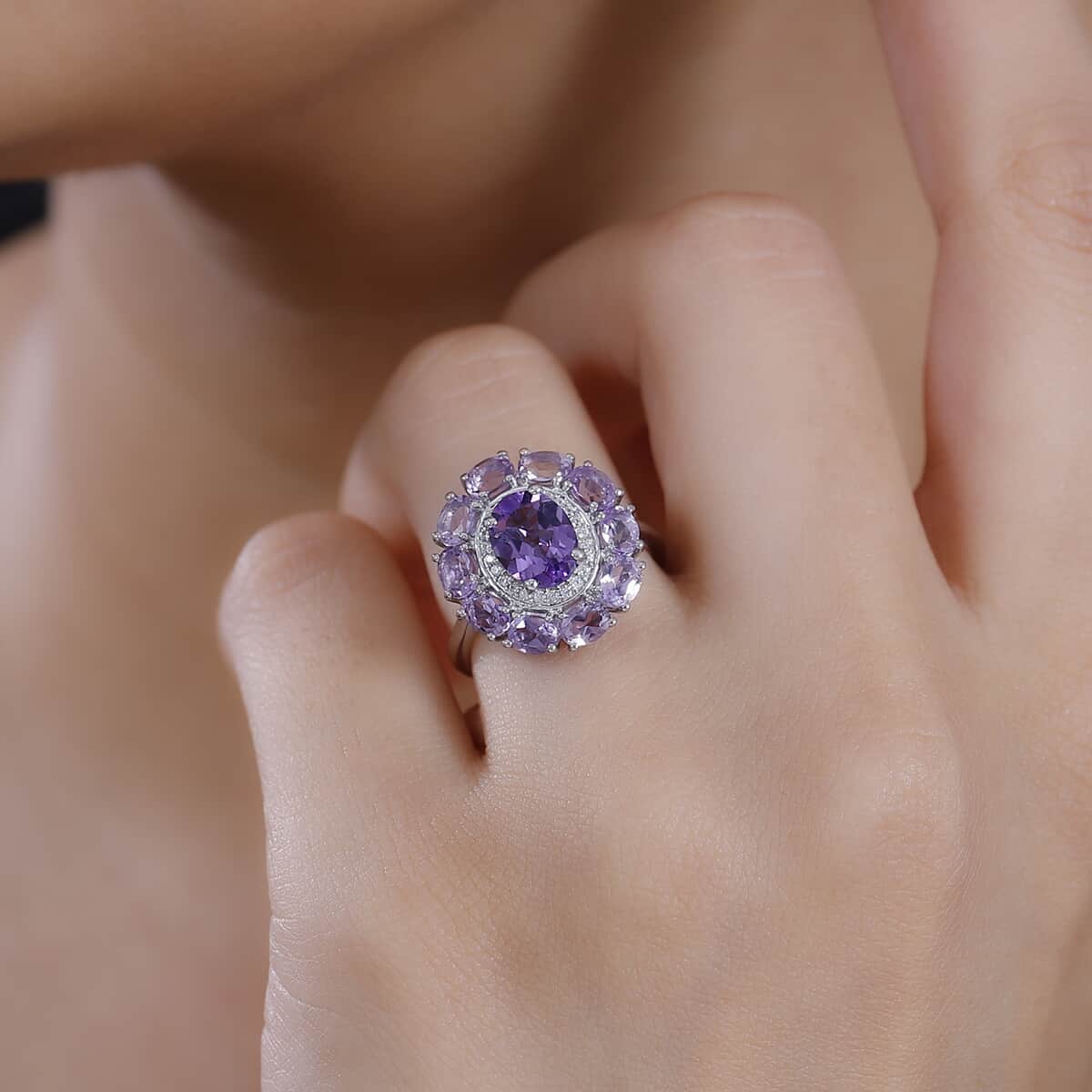 Bolivian Amethyst and Multi Gemstone 2.80 ctw Halo Ring in Rhodium Over Sterling Silver (Size 10.0) image number 2