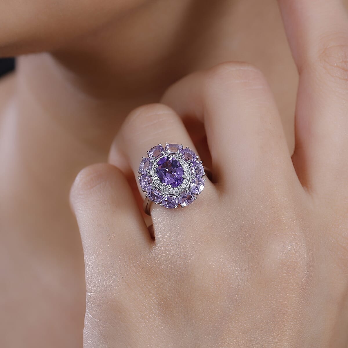 D'Joy Bolivian Amethyst and Multi Gemstone 2.80 ctw Halo Ring in Rhodium Over Sterling Silver (Size 6.0) image number 2