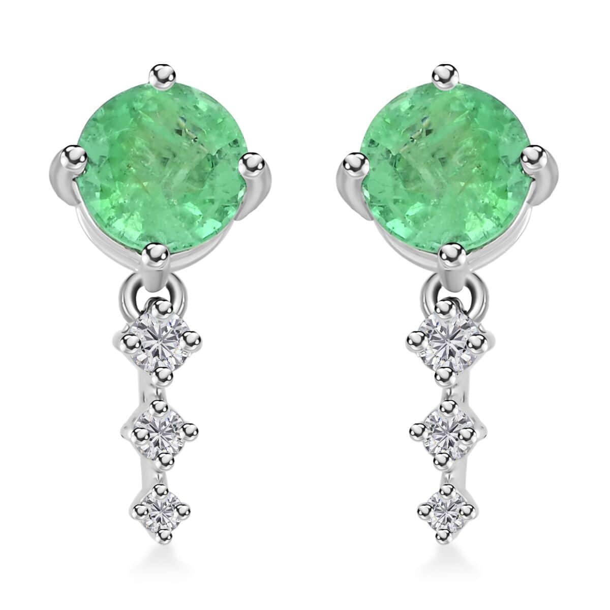 Certified & Appraised Rhapsody AAAA Gemfield Emerald and E-F VS Diamond 1.10 ctw Earrings in 950 Platinum  image number 0