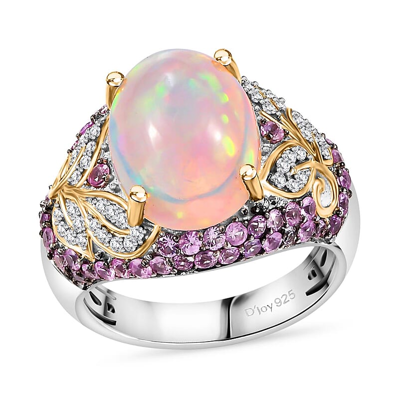 Premium Ethiopian Welo Opal and Multi Gemstone 5.25 ctw  Celestial Garden Ring in 18K Vermeil YG and Rhodium Over Sterling Silver (Size 10.0)