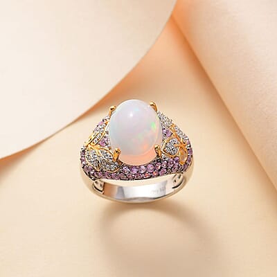 Premium Ethiopian Welo Opal and Multi Gemstone 5.25 ctw  Celestial Garden Ring in 18K Vermeil YG and Rhodium Over Sterling Silver (Size 10.0)