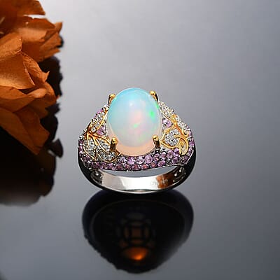 Premium Ethiopian Welo Opal and Multi Gemstone 5.25 ctw  Celestial Garden Ring in 18K Vermeil YG and Rhodium Over Sterling Silver (Size 10.0)
