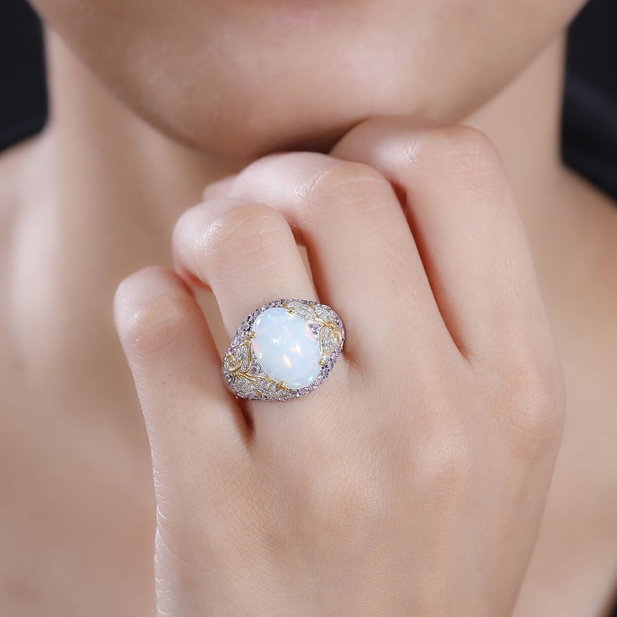 Premium Ethiopian Welo Opal and Multi Gemstone 5.25 ctw Celestial Garden Ring in 18K Vermeil YG and Rhodium Over Sterling Silver (Size 9.0) image number 3